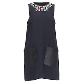 Fendi-Fendi multicolour studded rhinestone neckline leather pocket dress-Black