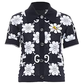 Gucci-Gucci cotton blend floral daisy knit polo cardigan-Black