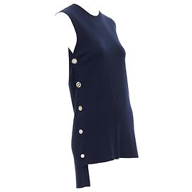 Adam Lippes Soft Clear Gold Crystal Side Buttons Hi Low Top Blue Navy blue