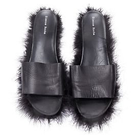 Simone Rocha Feather Trimmed Leather Flat Slides Mules Black