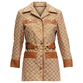 Gucci-Gucci aria crystal embellished horsebit web belt gg canvas jacket-Brown