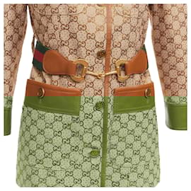 Gucci-Gucci aria crystal embellished horsebit web belt gg canvas jacket-Brown