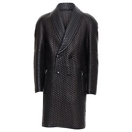 Versace Leather Bubble Textured Shawl Collar Double Breasted Coat Black