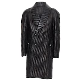 Versace-Versace Leather Bubble Textured Shawl Collar Double Breasted Coat-Black