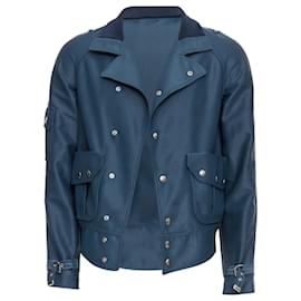 Balenciaga-Balenciaga Silver Snap Buttons Cropped Moto Biker Jacket-Blue