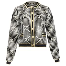 Gucci-Gucci monogram jacquard preppy cardigan-Golden,Metallic