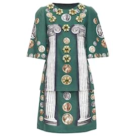 Dolce & Gabbana-Dolce Gabbana Roman Coin Column Bejeweled Dress-Green