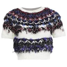 Chanel-Chanel fluffy lurex intarsia crystal cc cropped sweater-White,Cream