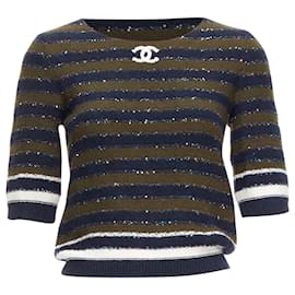 Chanel-Chanel sequin cashmere blend cc logo stripe crop sweater-Blue,Navy blue