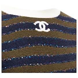Chanel-Chanel sequin cashmere blend cc logo stripe crop sweater-Blue,Navy blue