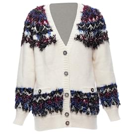 Chanel-Chanel fluffy lurex intarsia crystal cc button cardigan-White,Cream