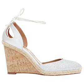 Aquazzura-Aquazzura Palm Beach Metallic Glitter Cork Wedge Sandals-Silvery,Metallic