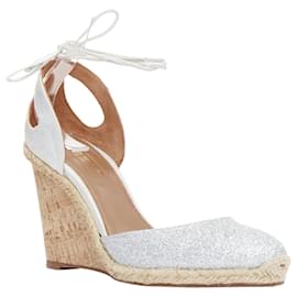 Aquazzura-Aquazzura Palm Beach Metallic Glitter Cork Wedge Sandals-Silvery,Metallic