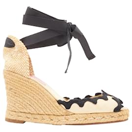 Christian Louboutin-Christian Louboutin canvas scalloped espadrille wedge heel-Brown,Beige