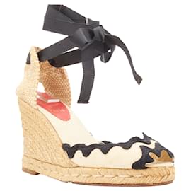 Christian Louboutin-Christian Louboutin canvas scalloped espadrille wedge heel-Brown,Beige