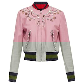 Gucci-Gucci lambskin pearl embellished web trim crop bomber-Pink