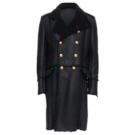 Balmain Shearling Lined Leather Gold Double Breasted Coat Black