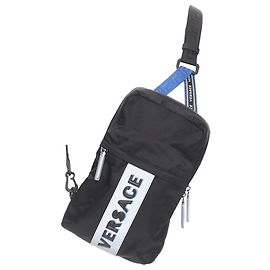 Borsa a tracolla in nylon con logo riflettente Versace e tracolla sportiva greca Nero