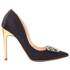 Rupert Sanderson Satin Gold Paint Buckle Heeled Pumps Black