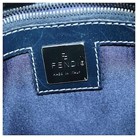 Fendi-FENDI Zucchino Canvas Mamma Baguette Shoulder Bag Navy Silver Auth 101401-Silvery,Navy blue