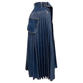 Sacai-Sacai Blue Denim Pleated Wrap Midi Skirt-Blue