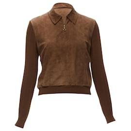 Dior-Christian Dior Cannage stitch suede ribbed half zip sweater-Brown