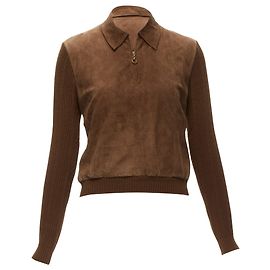 Pull en suède à côtes avec zip demi-hauteur Cannage de Christian Dior Marron