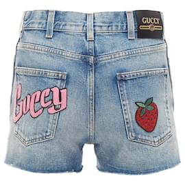 Gucci-Gucci Logo Graffiti Strawberry Patch Denim Cut Off Shorts-Blue
