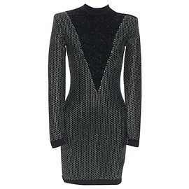 Balmain silver thread fluffy military button bodycon dress Black
