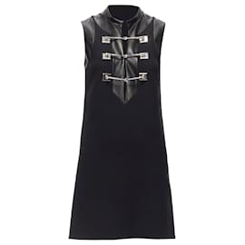 Gucci-Gucci Wool Leather Silver Horsebit Buckle Shift Dress-Black