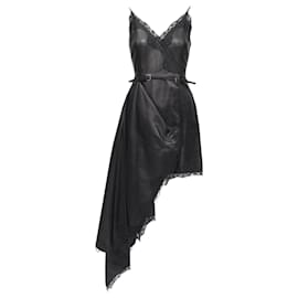 Alexander Mcqueen-Alexander McQueen leather lace asymmetric draped dress-Black