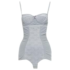 Dolce & Gabbana-Dolce Gabbana Bow Lace Fitted Boned Bustier Bodysuit Top-Grey