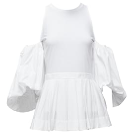 Alexander Mcqueen-Alexander Mcqueen Cotton Cold Shoulder Puff Sleeve Peplum Tshirt-White