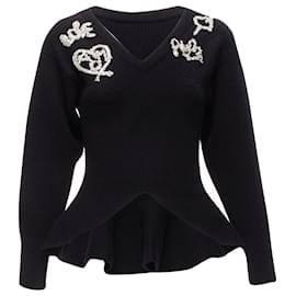 Alexander Mcqueen-Alexander McQueen logo beads embellished peplum ribbed sweater-Black
