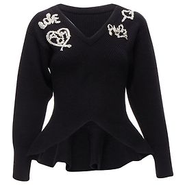 Rippstrick-Pullover mit Peplum und mit Perlen verziertem Alexander McQueen-Logo Schwarz