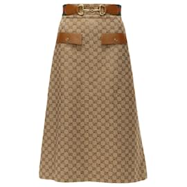 Gucci-Gucci Aria GG monogram crystal leather horsebA-line midi skirt-Brown