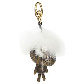 Fendi Space Monkey Zucca FF monogram fur crystal keyring bag charm Brown