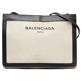 Balenciaga-Balenciaga Canvas Leather Navy Pochette Crossbody-White