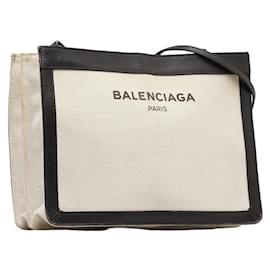 Balenciaga-Balenciaga Canvas Leather Navy Pochette Crossbody-White