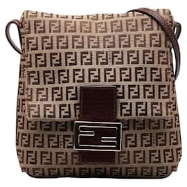 Fendi-Fendi Zucchino Canvas Leather Shoulder Bag-Brown,Beige