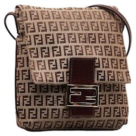 Fendi-Fendi Zucchino Canvas Leather Shoulder Bag-Brown,Beige