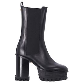 Versace Greca Labyrinth High-Heel Platform Boots in Black Calf Leather Black