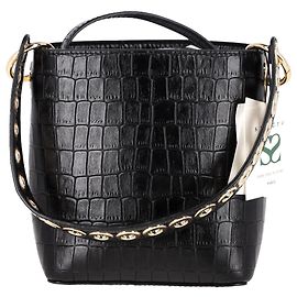 Sandro Paris Crocodile-Embossed Bucket Bag in Black Leather Black