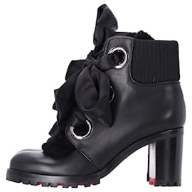Christian Louboutin- Christian Louboutin Jenny Bow Lace Heeled Ankle Boots in Black Calf Leather-Black