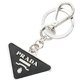 Prada-Prada Saffiano Leather Metal Triangle Logo Keychain-Black