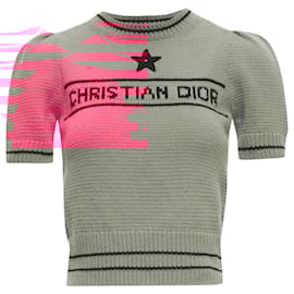 Dior-Christian Dior Cashmere Logo Puff Sleeve Crop Sweater-Pink