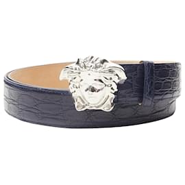 Versace-Versace La Medusa silver buckle scaled leather belt-Blue,Navy blue