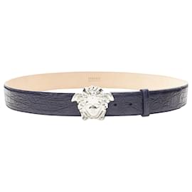 Versace-Versace La Medusa silver buckle scaled leather belt-Blue,Navy blue