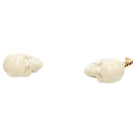 Alexander Mcqueen Enamel Double Skull Gold Tone Cuff Bangle White Cream