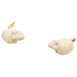 Alexander Mcqueen-Alexander Mcqueen Enamel Double Skull Gold Tone Cuff Bangle-White,Cream